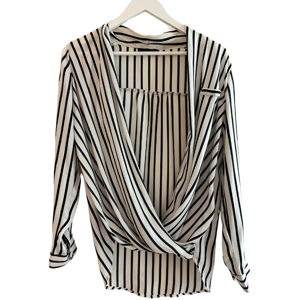 Chic Black & White Striped Cowl Neck Blouse – Small